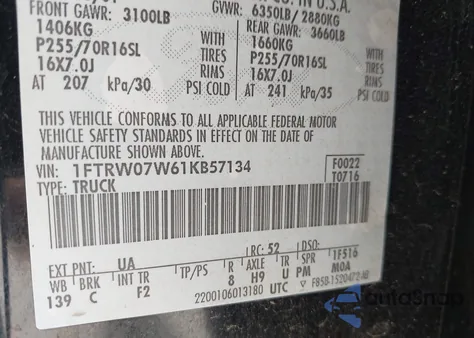 2001 Ford F-150 Supercrew Harley-Davidson Edition/King Ranch Edition/Lariat/Xlt из США, поврежденный, VIN 1FTRW07W61KB57134